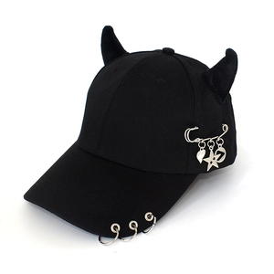 Black baseball cap with devil horns, metal rings and punk heart star pendant charms