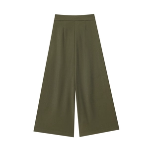 Army green high-waisted wide-leg trousers with refined texture on a white background