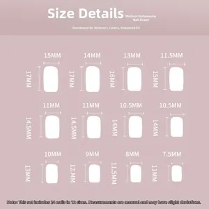 Size chart for medium-long square press-on nails featuring 12 different dimensions