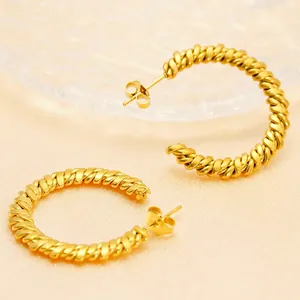 Retro 18K gold-plated twisted rope C-shaped hoop earrings with a polished finish