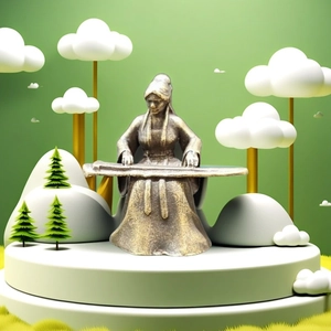 Antique brass miniature figurine of a lady playing the zither for bonsai decoration
