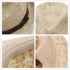 Handmade woven straw jazz fedora hat in light beige with brown leather belt and buckle