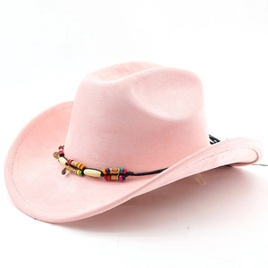 Close-up of pink faux suede cowboy hat featuring a colorful ethnic style beaded band