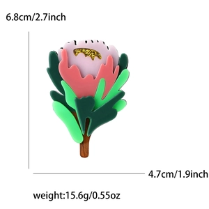Chic pink acrylic flower brooch for women with gold glitter core and size dimensions