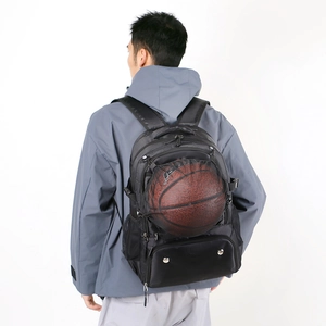 Water-resistant black sports backpack with ball mesh pocket and shoe compartment