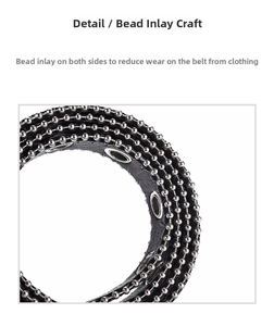 Close-up of black leather Y2K belt featuring silver metal studs and beaded edge details