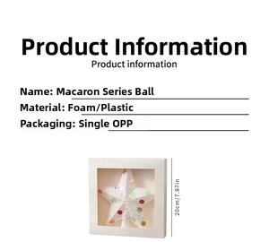 Detail of 8cm macaron foam star ornament with colorful dots and packaging dimensions