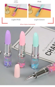 Detail view of lipstick-shaped pens featuring colorful liquid glitter and pastel caps