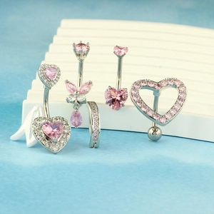 Ensemble de piercings de nombril cœur rose et papillon en acier poli et zircone