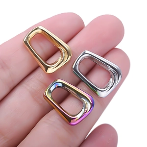 Minimalist 304 stainless steel square charms in gold, silver, and rainbow on finger