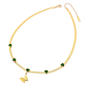 Gold stainless steel snake chain necklace with heart green gems and butterfly charm