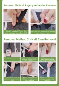 Instructional guide for removing press-on nails using debonder and wooden sticks