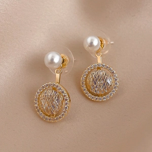 Orecchini Pendenti Cerchio Maglia Rame Placcati Oro Con Zircone Perla Artificial 925 Sterling Silver Earring Post Eleganti