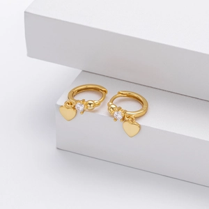 Detailed view of gold plated S925 silver heart hoop earrings with white zircon accents