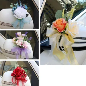 Wedding Car Decoration Flowers Satin Artificial Rose With Organza Ribbon Bow Gold Edge For Rearview Mirror Door Handle