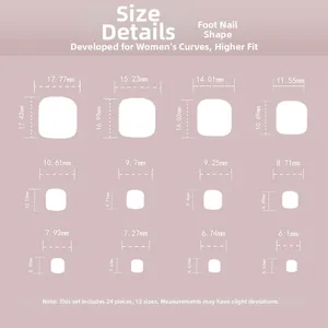 Size chart showing width and height for 24 pieces of glitter French toe nail press-ons
