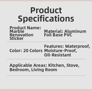 Detailed chart of marble kitchen wallpaper features including PVC material and 20 colors
