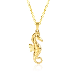 Polished 18k gold plated stainless steel seahorse pendant necklace on white background