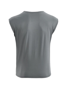 Detailed back view of a grey loose-fit sleeveless t-shirt made of thin summer fabric