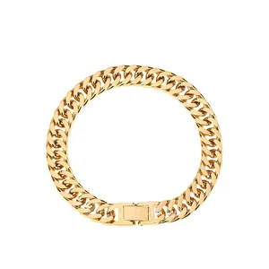 Mens 24k gold plated stainless steel Cuban link bracelet with a flat curb design