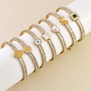 Gold Plated Baguette Cubic Zirconia Bracelet With Butterfly Heart Evil Eye Flower Coin Charm Adjustable For Women