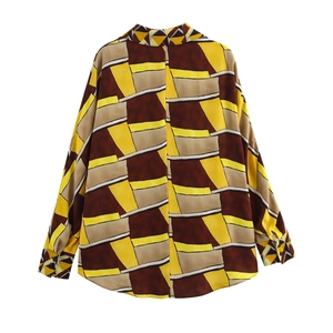 Camicia da donna vintage a maniche lunghe con stampa geometrica gialla e marrone