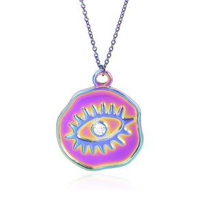 Detailed view of iridescent Evil Eye pendant with white zircon on a fine steel chain
