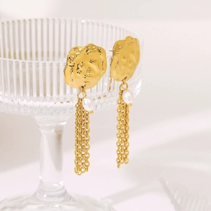 Elegant gold-plated stainless steel tassel earrings with pearl and metal chain fringes
