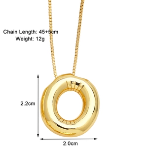 Detail showing irregular gold-plated donut pendant with 45cm plus 5cm chain measurements