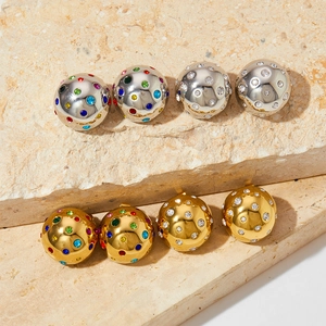 Spherical stainless steel stud earrings with colorful pave zircon on stone stands