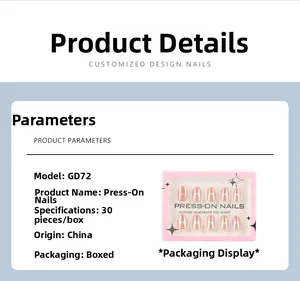 Detail specifications for short almond fake nails with golden heart design in box