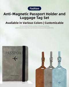 Detail view of RFID blocking PU leather passport holder and three colorful luggage tags