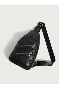 Detail of black pebbled PU leather chest bag featuring gold zippers and multi-pocket design