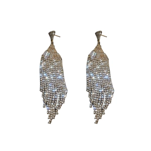 Elegant fan-shaped heart earrings with sparkling rhinestone tassels and silver needle finish
