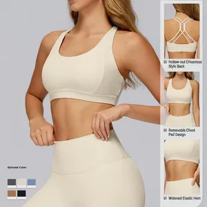 Women's off-white yoga bra with cross-back design and wide elastic hem for fitness