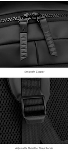 Detail of smooth double-way zippers and adjustable strap buckle on a black backpack