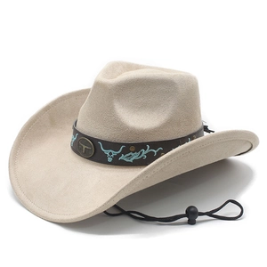 Chapeau de cowboy beige rétro avec broderie de taureau turquoise et mentonnière réglable
