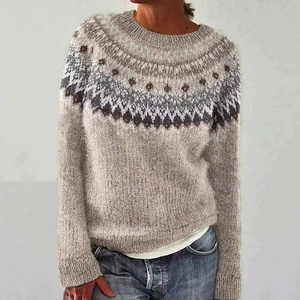 Women's crewneck knit sweater in beige with fair isle geometric patterns and loose fit