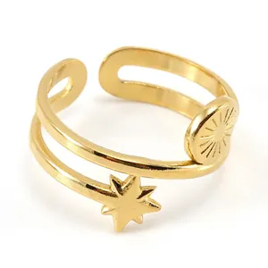 Stainless Steel Adjustable Ring 18K Gold Plated Double Layer Star Sunburst Radiant Chic Niche Design For Women