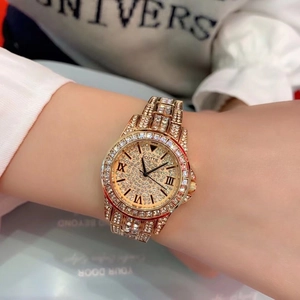 Luxurious rose gold women's watch with full crystal pavé dial and roman numeral markers