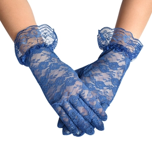 Close-up of blue floral lace gloves with ruffled cuffs for sun protection and bridal wear