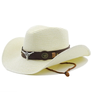 Summer Western cowgirl straw hat with leather band and metal bull head ornament