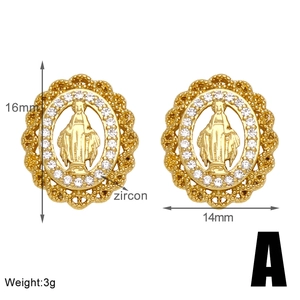 Detailed view of Virgin Mary gold earrings with zircon border, size 16mm by 14mm