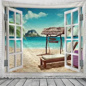 Detailed texture of 3D window view wall tapestry with beach scenery and ocean view