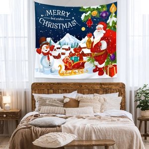 Cozy bedroom setting with Santa and snowman Christmas tapestry hung over a bed