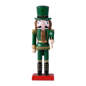 25cm green wooden nutcracker soldier with shamrock hat and clover staff for St. Patrick's Day