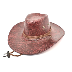 Deep reddish brown western cowboy hat with leaf vein patterns and chin strap for sun protection