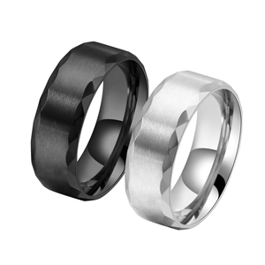 8mm wide faceted brushed titanium steel rings for men in black and silver tones