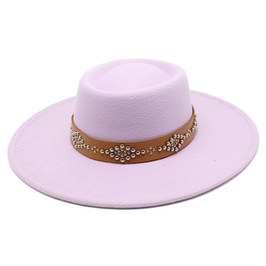 Detail of lavender wool felt fedora with brown leather band and metallic flower studs