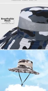 Detail of breathable mesh layer and windproof rope on camo sun hat for outdoor hiking